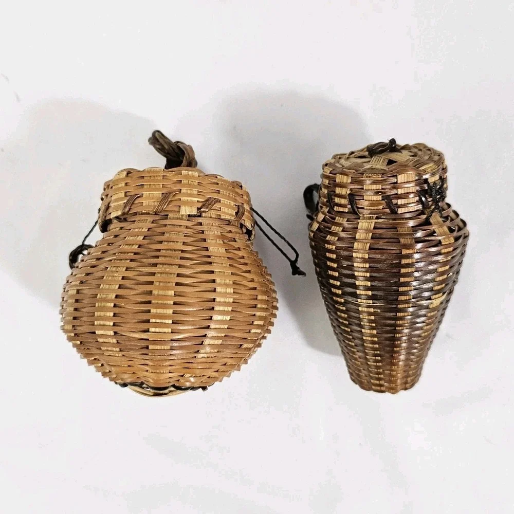 Miniature Pine Needle Baskets Grenade Cricket Cage Design Folk Art Lot Of 2 Vtg